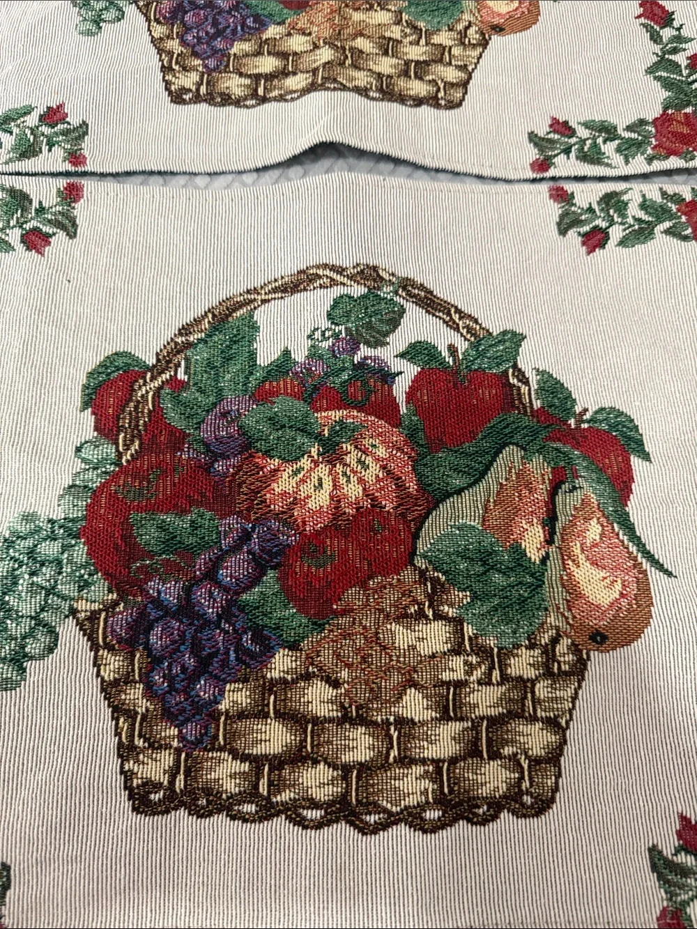 Vintage Tapestry Fruit Basket Embroidered Table Runner and 2 Placemats 70” Long